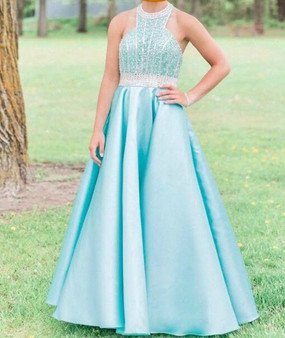 Pretty Halter Beading Backless Long Satin Floor Length Prom Dresses M1084