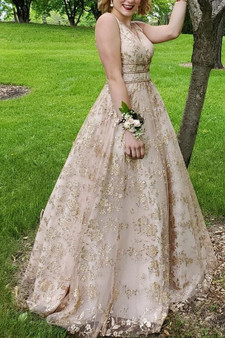 Gorgeous A-line V-neck Long Lace Princess Dress Gold Prom Dresses M1101