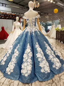 Glitter Blue Off The Shoulder Lace Up Long Ball Gown Wedding Dresses Princess Dress W0027