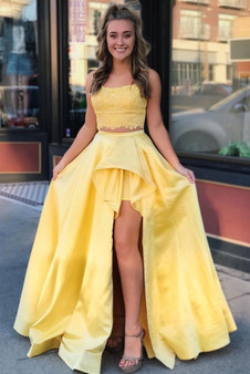 Pretty Two Pieces Lace Satin Long Prom Dresses For Teens Yellow Party Dresses M953