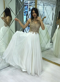Pretty Ivory Chiffon Long Beading A-line Prom Dresses For Teens M886