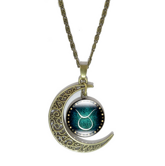 12 Constellation Glass Bronze Crescent Moon Necklace Offer