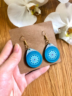 Blue Flower Boho-style Wooden Earrings In Round Shape Handmade