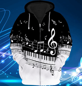 Piano Keyboard Style 3D Printed Music Lovers Zipper Hoodie