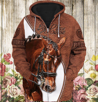 Love Horse Art 3D Printed Leather Pattern Zip Hoodie
