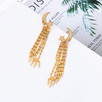 Cubic Zirconia Crescent Moon Earrings With Gold Tassels