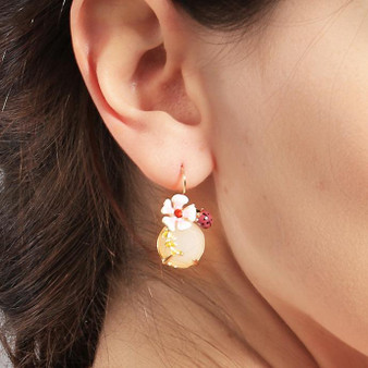 Enamel Flower and Ladybug Drop Earrings