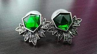 Geometric Silver & Green Stone Stud Earrings