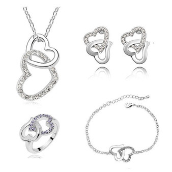 Rhinestone Double Heart Necklace, Bracelet, Earrings & Ring Fashion Jewelry Set