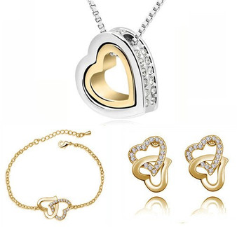 Double Heart Rhinestone Necklace, Bracelet & Earrings Fashion Wedding Jewelry Set