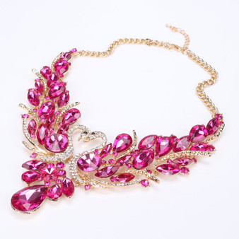 Pink Crystal Double Swan Necklace & Earrings Wedding Statement Jewelry Set