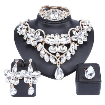 Crystal and Rhinestone Flower Necklace, Bracelet, Earrings & Ring Wedding Statement Jewelry Set