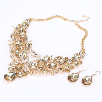 Gold-Plated Champagne Crystal Double Swan Necklace & Earrings Wedding Jewelry Set