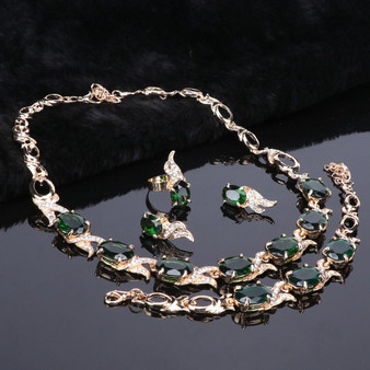 Green Crystal and Rhinestone Necklace, Bracelet, Earrings & Ring Wedding Jewelry Set