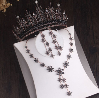 Black Crystal Snow Rhinestone Tiara, Necklace & Earrings Jewelry Set