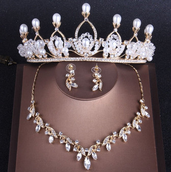 Queen Rhinestone and Pearl Tiara, Necklace & Earrings Wedding Jewelry Set