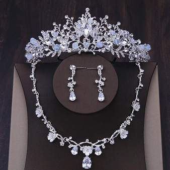 Baroque Handmade Crystal Beads and Rhinestone Tiara, Necklace & Earrings Wedding Jewelry Set