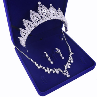 Silver-Plated Rhinestone and Crystal Tiara, Necklace & Earrings Wedding Jewelry Set