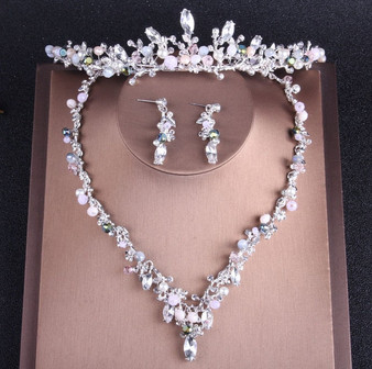 Baroque Silver-Plated Crystal and Rhinestone Tiara, Necklace & Earrings Wedding Jewelry Set