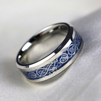 8mm Silver Celtic Dragon Inlay and Blue/White Cubic Zirconia Stainless Steel Wedding Ring Set