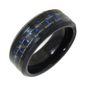 Blue/Black Carbon Fiber Inlay and Blue Cubic Zirconia Stainless Steel Wedding Ring Set