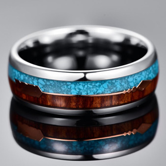 Silver Tungsten with Koa Wood, Blue Meteorite Inlay and Rose Gold Arrow Wedding Band