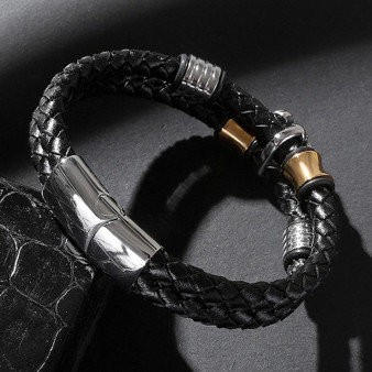 Black Two Strands Braided Genuine Leather Skull Beaded Bracelet