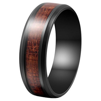 Men 8mm Black Stainless Steel Ring Vintage Wedding Engagement Promise Band KOA Wood Inlay Comfort Fit