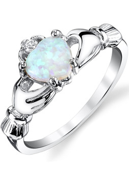 Sterling Silver 925 Irish Claddagh Friendship & Love Ring with Light Blue Simulated Opal Heart