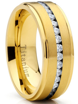 GoldTone Titanium Men's Eternity Wedding Band Ring with Cubic Zirconia CZ, Comfort Fit 8mm