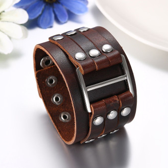 Men's Wide Alloy Genuine Leather Bracelet Bangle Cuff Brown Black Silver Tone Adjustable