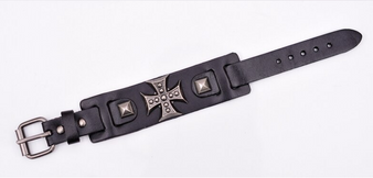 Men's Wide Alloy Genuine Leather Bracelet Bangle Cuff Black Cross Punk Belt