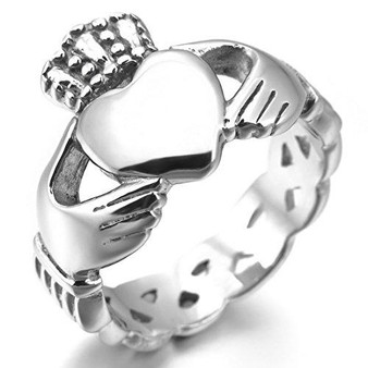 Women,Men's Stainless Steel Ring Silver Tone Irish Celtic Knot Irish Claddagh Friendship Love Heart Royal King Crown