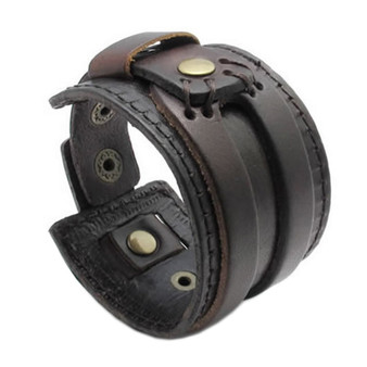 Wide Genuine Leather Men Bangle Cuff Bracelet, Fits 7.5" to 8.5", Color Brown