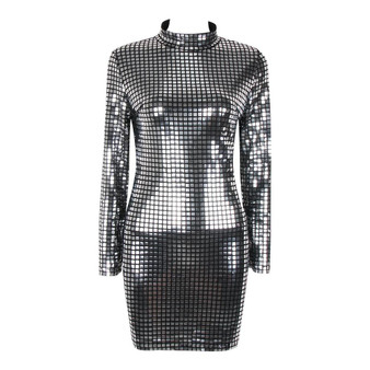 Silver Sequin Mini Dress - Turtleneck Dress With Long Sleeves