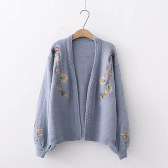 Women Knitted Fashion Cardigan Spring Autumn V-Neck Lantern Sleeve Embroidery Floral Thick Loose Harajuku Female Sweater