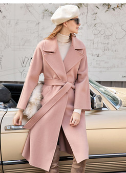 minimalism female winter solid double wool coat fashion causal lapel belt   long wool coat