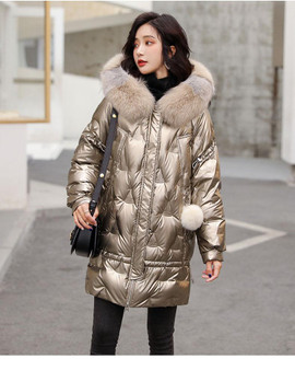 Janveny Large Natural Fox Fur Hooded Shiny Jacket 2020 New 90% Duck Down Coat Long Golden Female Winter Down Parkas Waterproof