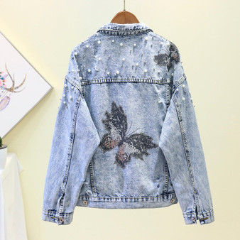 Spring Autumn New Beading Denim Jacket Women Long Sleeve Pearls Butterfly Diamonds Coats Short Jeans Jacket Female P731