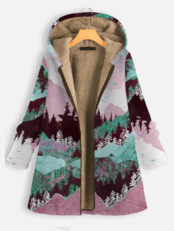 2020 Winter Zipper Hooded Women Thick Coat Landscape Print Vintage Plush Cotton Parkas