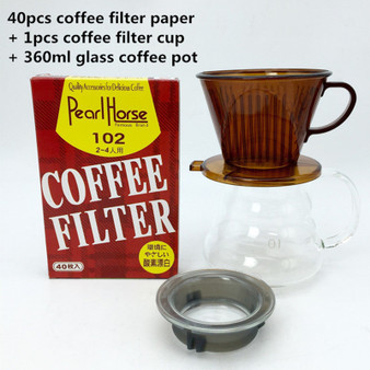 Free shipping 3-4 cup drip coffee filter / 40pcs coffee filter paper + 1pcs coffee filter cup + 360ml glass pot set combination