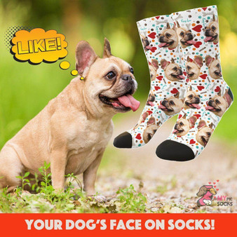 Custom Dog Face Socks (Bones, Hearts and Woof) - Best Gifts For Dog Lovers