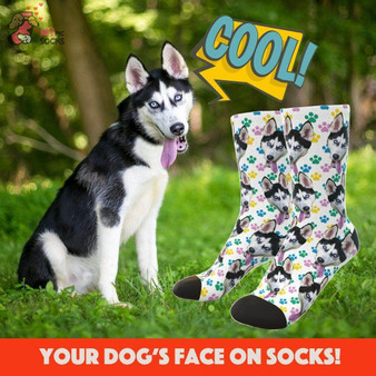 Custom Dog Face Socks (Colorful Footprint) - Best Gifts For Dog Lovers