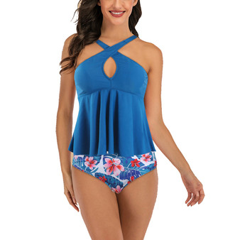 Women Cross Neck Backless Bathing Suits Two Pieces Tankini Set