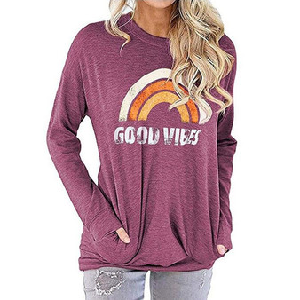 Women Good Vibes Printed Sweatshirt Long Sleeve T-Shirt with Pockets