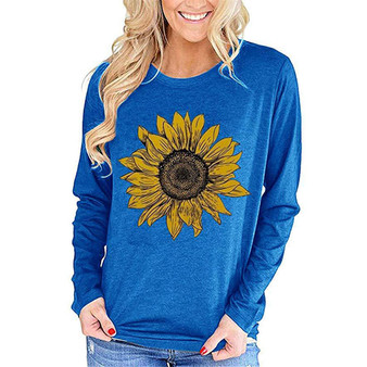 Women Sunflower Printed Crewneck Long Sleeve T-Shirts with Pocket