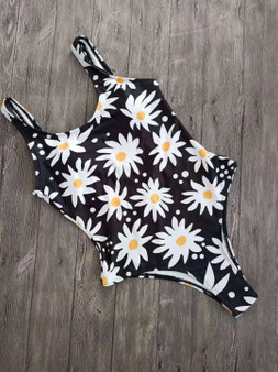 Women Sunflower Print One Piece Swimsuit Beach Swimwear
