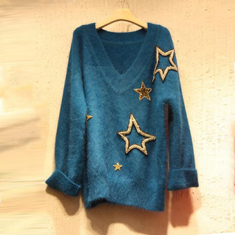 Women V-neck Stars Mohair Leisure Loose Knit Sweater