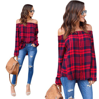 Women's Off Shoulder Long Sleeve Button Down Plaid Shirt