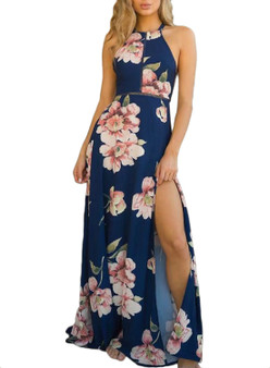Women's Bohemian Halter Backless Floral Printed Split Maxi Dress